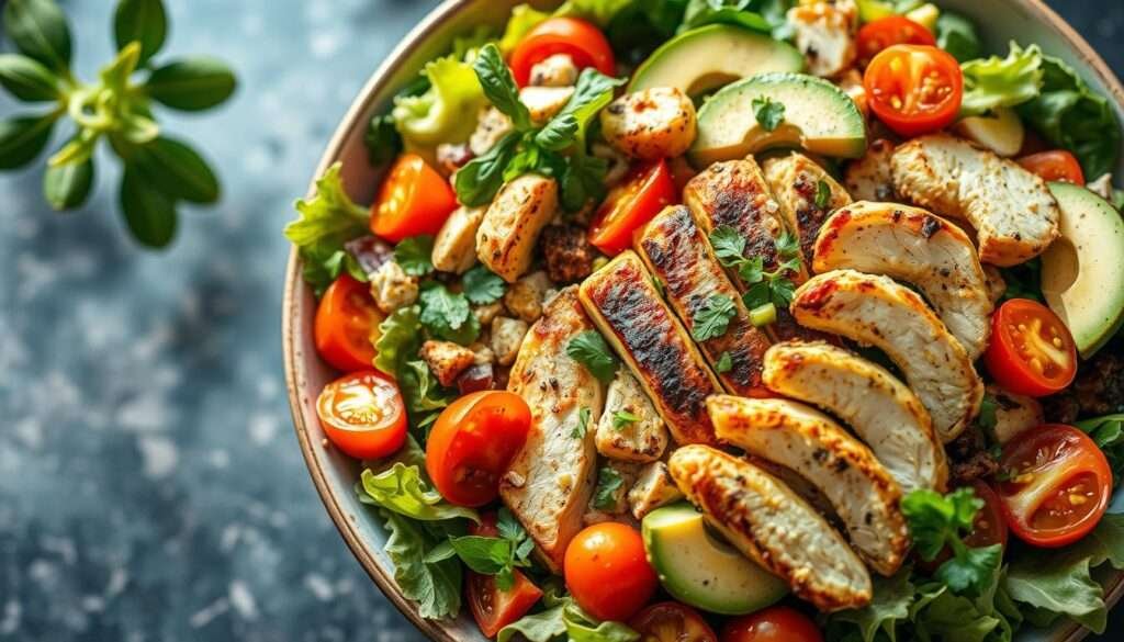 A vibrant, high-protein salad overflowing with fresh, crisp greens, juicy tomatoes, creamy avocado, and tender grilled chicken. The salad is beautifully arranged in a large, shallow bowl, with the ingredients artfully layered to create a visually appealing and appetizing composition. The lighting is soft and natural, casting a warm glow on the salad and highlighting the vibrant colors and textures. The camera angle is slightly elevated, providing a birds-eye view that showcases the salad's abundant, satisfying portion. The overall mood is one of wholesome, nutritious indulgence, perfectly capturing the essence of a hearty, high-protein meal-in-a-bowl.