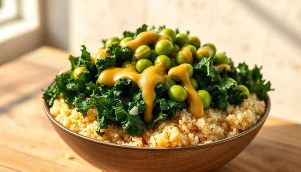 A vibrant, high-resolution image of a beautifully arranged quinoa, kale, and edamame bowl, set against a softly blurred, natural background. In the foreground, a generous serving of fluffy, ivory-colored quinoa is topped with deep green kale leaves, bright green edamame pods, and a drizzle of honey-mustard dressing that glistens in the warm, natural lighting. The middle ground features a rustic, wooden table or surface, with a minimalist, earthy aesthetic. The background softly fades into a serene, natural setting, perhaps with hints of greenery or a simple, textured wall. The overall composition is balanced, appetizing, and evokes a sense of healthy, wholesome nourishment.