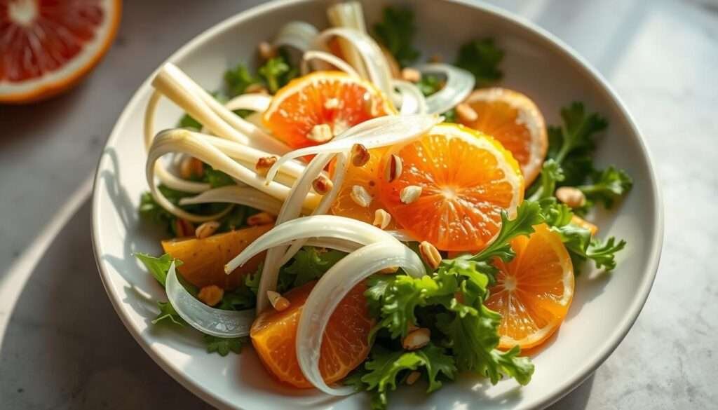 A vibrant, impeccably styled fennel and citrus salad, its fresh greens and juicy orange segments artfully arranged on a white ceramic plate. The fennel bulbs are sliced paper-thin, their delicate fronds cascading over the salad. Slivers of grapefruit and lemon zest add pops of color, while a scattering of toasted pine nuts provides a light crunch. Soft, natural lighting bathes the scene, casting a warm glow and highlighting the salad's crisp, refreshing qualities. The composition is balanced, the presentation elegant yet approachable, inviting the viewer to savor each bite of this bright, memorable plant-based dish.