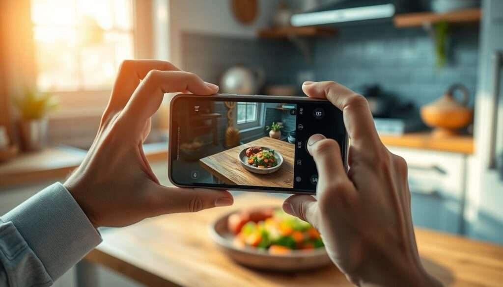 A vibrant kitchen scene with a person's hand holding a modern smartphone, filming a delectable dish on a wooden table. The phone's camera lens is in sharp focus, capturing the food's intricate details and enticing colors. Soft, warm lighting from a window casts a natural glow, accentuating the dish's textures and aromas. The background is blurred, with hints of kitchen appliances and decor, creating a professional, studio-like ambiance. The overall mood is one of culinary inspiration and social media-ready presentation, showcasing the art of filming food for viral TikTok recipes.