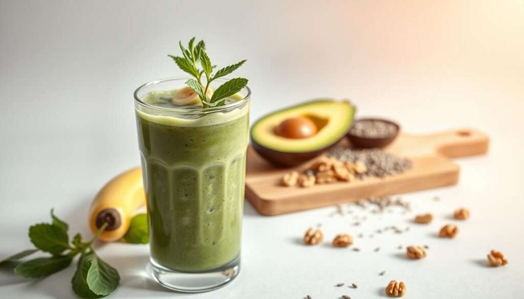 A vibrant, nourishing smoothie set against a minimalist backdrop. In the foreground, a glass filled with a lush, creamy blend of spinach, banana, protein powder, and almond milk, garnished with a sprig of fresh mint. The middle ground showcases a cutting board with sliced avocado, chia seeds, and a scattering of walnuts, hinting at the array of healthy fats and fiber. The background is a simple, soft-focus gradient, allowing the subject to take center stage. Soft, natural lighting casts a warm glow, emanating a sense of wellness and vitality. The overall composition conveys the essence of a balanced, nutrient-dense smoothie - the perfect fuel for a weight-loss journey.
