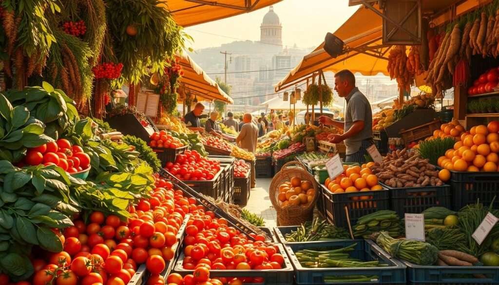 A vibrant open-air market, bathed in warm golden light, overflows with an abundance of fresh seasonal produce. Crates brimming with crisp leafy greens, plump juicy tomatoes, vibrant citrus fruits, and vibrant roots cascade across the foreground, their colors and textures beckoning the senses. In the middle ground, sun-kissed vendors tend to their wares, engaging with eager shoppers seeking the finest quality ingredients. The background reveals a bustling cityscape, hinting at the global culinary influences that inspire the market's diverse offerings. The scene radiates an atmosphere of vitality, seasonality, and a celebration of the flavorful bounty of the earth.