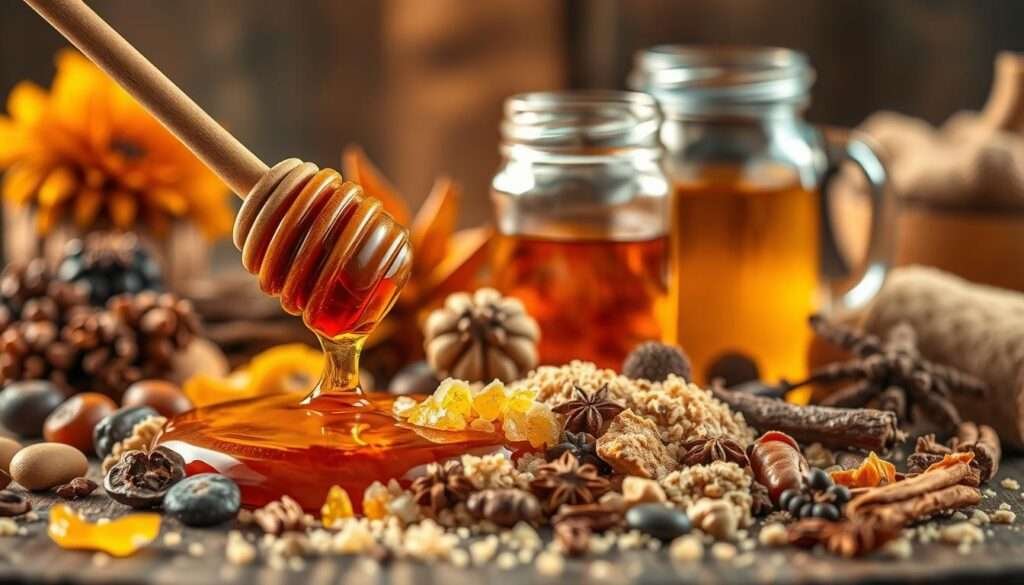 A vibrant still life capturing the essence of natural sweeteners. In the foreground, an array of artfully arranged ingredients - honey dripping from a wooden dipper, golden amber maple syrup in a glass jar, and a sprinkling of raw cane sugar crystals. The middle ground showcases a mix of dried fruits, nuts, and fragrant spices, hinting at the delectable desserts that can be crafted. The background bathes the scene in warm, golden lighting, evoking a sense of rustic elegance. Captured with a shallow depth of field, drawing the viewer's eye to the captivating textures and colors of these healthful, natural sweetening alternatives.