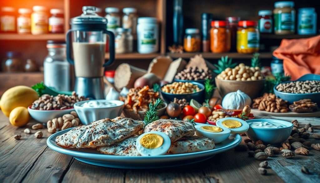 A vibrant still life scene depicting an array of high-protein foods on a rustic wooden table, bathed in warm, natural lighting. In the foreground, a plate showcases grilled chicken breast, hard-boiled eggs, and roasted vegetables. Surrounding it, a collection of protein-rich ingredients like Greek yogurt, nuts, legumes, and lean meats are arranged in an artful composition. The middle ground features a blender with a smoothie, highlighting the versatility of protein-packed drinks. In the background, shelves display jars of protein powder, supplements, and other healthy meal prep essentials. The overall mood is one of nutritious abundance, inspiring the viewer to embrace a high-protein lifestyle.