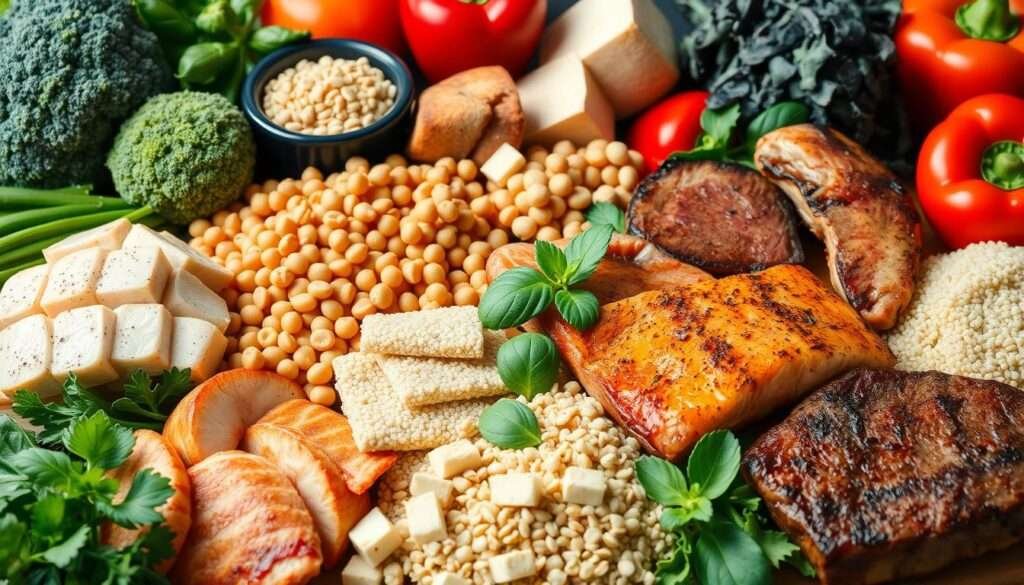 A vibrant still life showcasing a diverse array of protein-rich ingredients. In the foreground, an assortment of lean meats, including grilled chicken, seared steak, and sautéed salmon, arranged in a visually appealing manner. In the middle ground, a selection of plant-based options such as lentils, chickpeas, tofu, and quinoa, all neatly organized. The background features a variety of fresh vegetables, including broccoli, spinach, and bell peppers, creating a harmonious and nutritious composition. Lighting is soft and natural, highlighting the textures and colors of the ingredients. The overall mood is one of a balanced, wholesome, and visually appealing protein-centric meal.