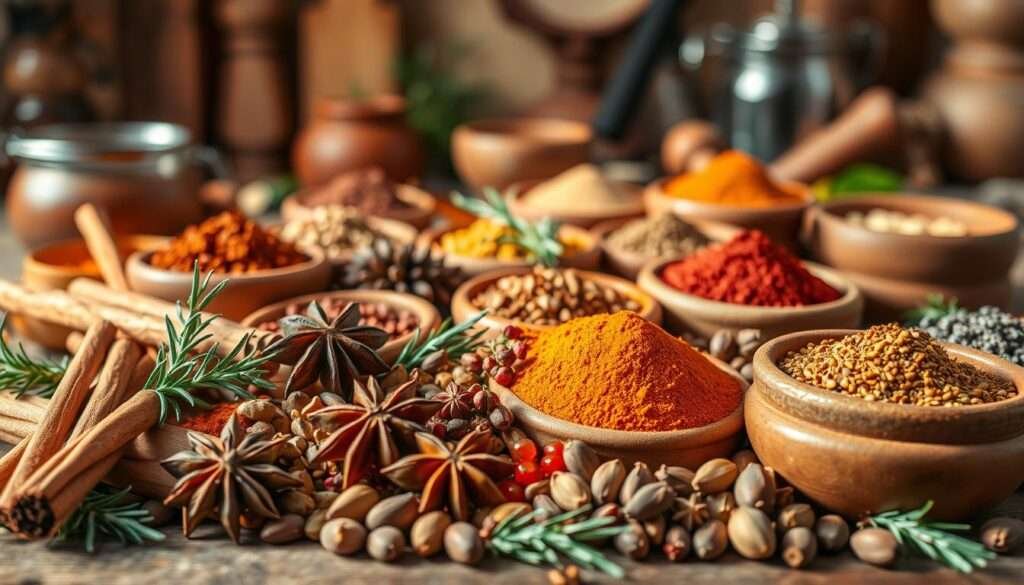 A vibrant still life showcasing an array of global flavors. In the foreground, an assortment of spices and herbs in warm hues - cinnamon sticks, star anise, cardamom pods, and sprigs of rosemary and thyme. The middle ground features a variety of whole and ground spices in earthenware bowls, their textures and colors creating a visually captivating composition. In the background, blurred out but still visible, are various cooking implements and a wooden surface, suggesting a kitchen environment. The lighting is soft and natural, casting gentle shadows and highlights that accentuate the depth and dimensionality of the scene. The overall mood is one of culinary exploration and the rich diversity of global cuisines.