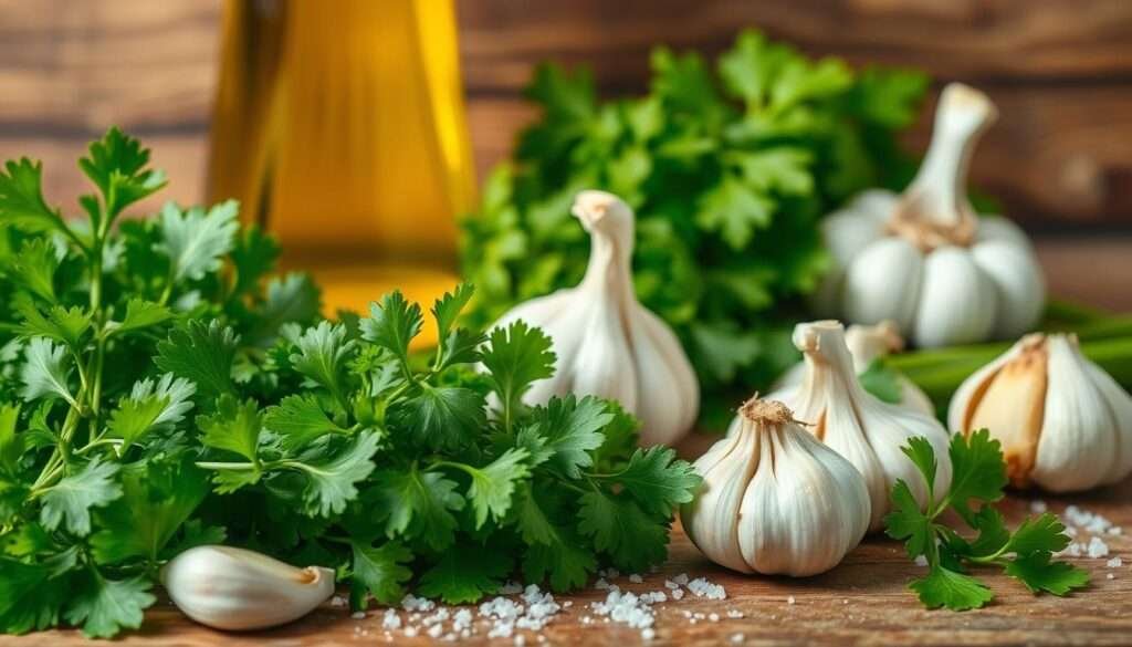 A vibrant still life showcasing the lively flavors of chimichurri. In the foreground, fresh parsley, cilantro, and garlic cloves are arranged artfully, their verdant hues and dynamic textures inviting the viewer to imagine their bright, herbaceous aroma. In the middle ground, a drizzle of golden olive oil and a sprinkle of coarse sea salt hint at the simple yet impactful seasonings. The background features a rustic wooden surface, casting warm, natural lighting across the scene and evoking the homemade, rustic nature of this global sauce. The overall composition captures the essence of chimichurri's vibrant, versatile flavors, ready to elevate any dish with its zesty punch.