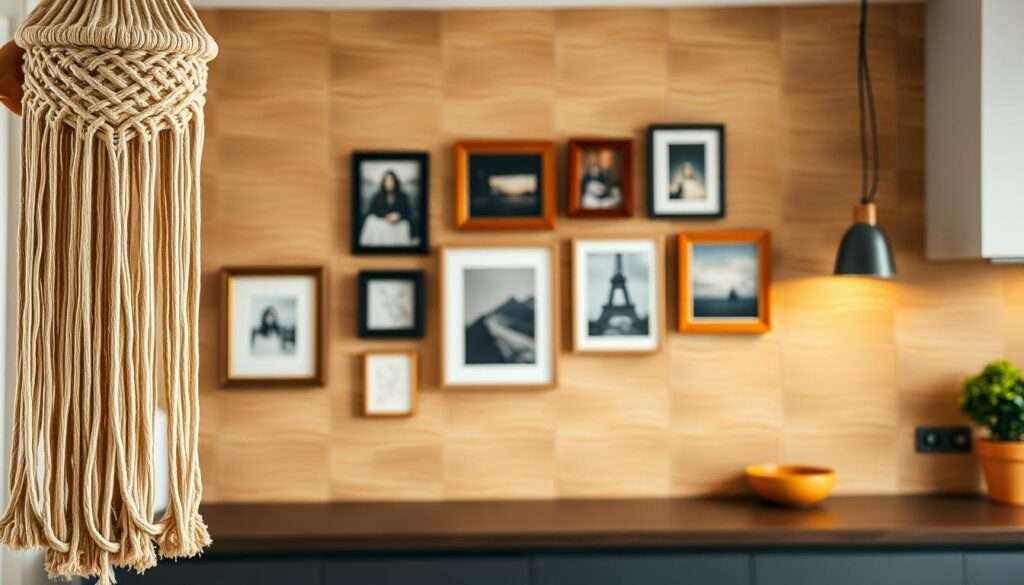 A warm, boho-inspired feature wall in a modern kitchen, adorned with a mix of textural elements. In the foreground, a woven macramé hanging cascades gracefully, its intricate patterns casting soft shadows. The middle ground showcases a curated gallery of framed artworks and photographs, their eclectic frames and subjects creating a lived-in, personalized feel. The background features subtly patterned, earth-toned tiles that gently undulate, adding depth and character to the scene. The lighting is soft and diffused, casting a cozy, intimate glow that accentuates the natural materials and textures. Overall, the image conveys a sense of relaxed, inviting sophistication - a wall that truly whispers stories of the space's inhabitants.