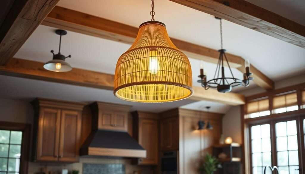 A warm, glowing pendant light made of woven natural fibers casts a soft, ambient illumination over a rustic, boho-inspired kitchen. Brass accents gleam against the muted, earthy tones of the cabinetry and exposed beams. Layered overhead fixtures, including a statement chandelier and smaller sconces, create a cozy, layered lighting scheme that enhances the modern farmhouse aesthetic. The light filters through the woven shades, casting a gentle glow and warm shadows that add depth and character to the space. A large window allows natural light to pour in, complementing the artificial lighting and highlighting the textures and materials throughout the kitchen.