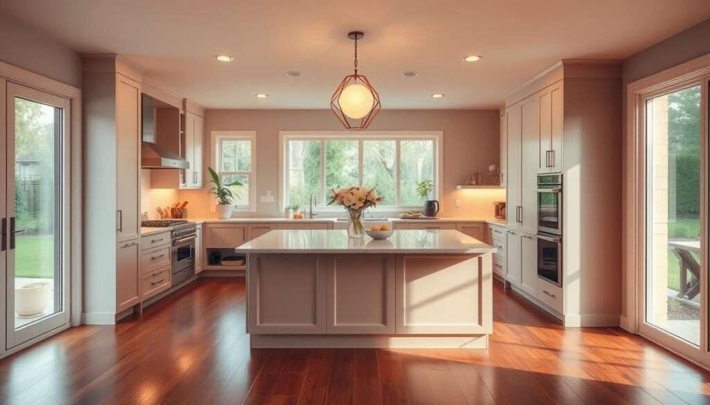 A warm, inviting kitchen with a cozy, refined atmosphere. A modern, minimalist design with sleek cabinetry in a soft, muted color palette. Ample counter space with a large central island, perfect for meal prep and casual dining. Ambient lighting from recessed ceiling fixtures and a prominent pendant light over the island, casting a gentle glow. Large windows let in abundant natural light, revealing a scenic backyard view. Hardwood floors in a rich, auburn tone tie the space together seamlessly. Elegant, tasteful decor accents like potted plants, a vase of fresh flowers, and a few carefully curated kitchen tools complete the welcoming, elevated aesthetic.