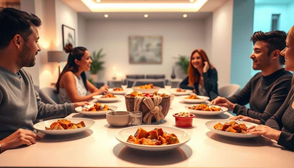 A warm, inviting virtual dinner party scene with friends gathered around a modern, minimalist dining table. The room is bathed in soft, diffused lighting, creating a cozy ambiance. In the foreground, virtual plates filled with delectable homemade dishes are placed in front of each guest, steam gently rising. In the middle ground, the guests, represented by friendly, stylized avatars, engage in lively conversation, their expressions animated. The background features a neutral, yet visually interesting virtual environment, such as a contemporary living room or a serene outdoor setting, hinting at the remote nature of the gathering. The overall atmosphere conveys a sense of connection, intimacy, and the joy of sharing a meal together, even in a virtual space.