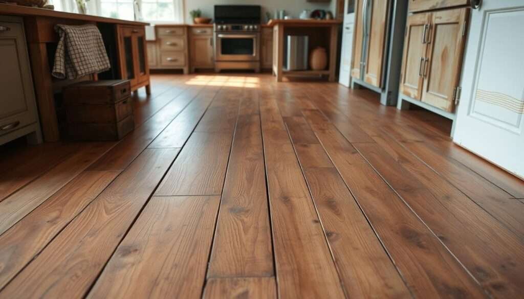 A weathered, rustic hardwood floor with a warm, time-worn patina stretches across the frame. The boards are arranged in a classic herringbone pattern, each plank bearing the scars of decades of use - knots, cracks, and uneven surfaces that create a captivating, lived-in aesthetic. Soft, natural lighting filters in from a large window, casting a gentle glow and accentuating the rich, earthy tones of the wood. The scene exudes a sense of cozy, inviting charm, perfectly complementing the farmhouse-style kitchen that surrounds it.