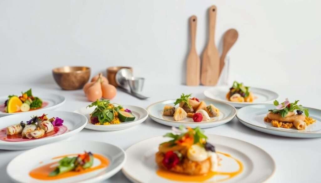 A well-crafted food presentation against a clean, minimalist backdrop. In the foreground, an array of elegantly plated dishes showcasing various techniques: edible flowers, drizzled sauces, carefully placed garnishes, and thoughtful plate compositions. In the middle ground, kitchen tools and ingredients hint at the preparation process. Soft, directional lighting casts gentle shadows, highlighting the textures and colors of the food. The overall mood is one of artful simplicity, inviting the viewer to imagine the delicious flavors and plating experience.