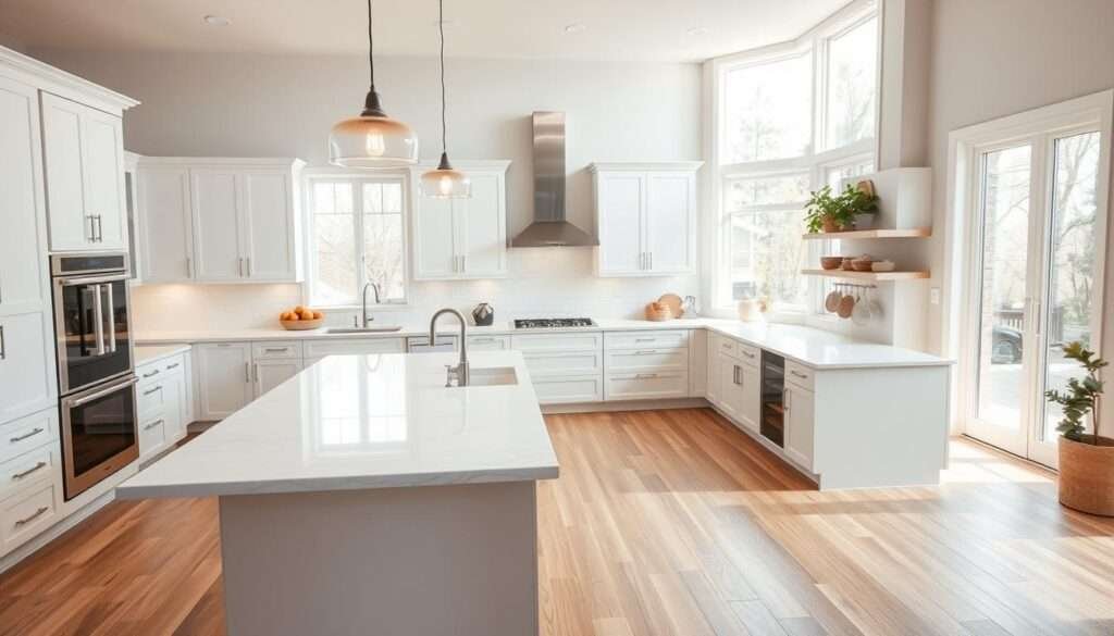 A well-designed, modern U-shaped kitchen in a warm, inviting atmosphere. The foreground features a large central island with a sleek quartz countertop, complemented by minimalist pendant lights overhead. The middle ground showcases clean, white cabinetry with subtle hardware, contrasted by a natural wood tone floor. In the background, large windows let in an abundance of natural light, creating a bright and airy feel. Stainless steel appliances, a tile backsplash, and a neutral color palette contribute to the overall cohesive and functional design. The lighting is soft and even, creating a comfortable and inviting ambiance suitable for everyday use and entertaining.