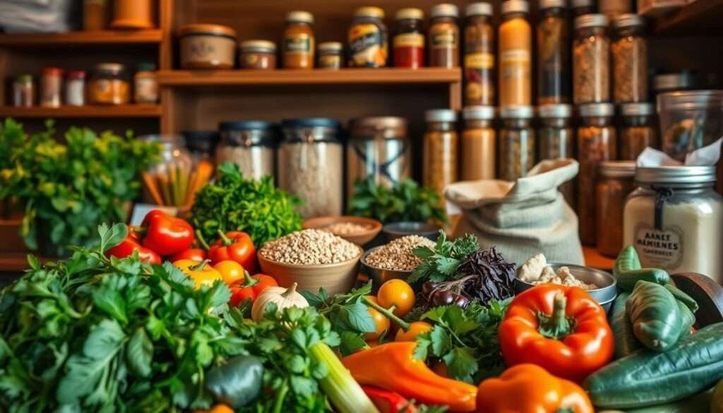 A well-lit, artfully arranged chef's pantry, showcasing an assortment of high-quality plant-based ingredients. In the foreground, an array of vibrant vegetables, including leafy greens, colorful peppers, and fresh herbs, arranged with care. In the middle ground, a variety of whole grains, such as quinoa, farro, and wild rice, stored in glass jars or sacks. The background features a selection of aromatic spices, umami-rich condiments, and rich, creamy nut butters, all neatly organized on wooden shelves. The overall scene emanates a sense of culinary expertise, creativity, and a dedication to crafting exceptional plant-based dishes. Warm, directional lighting casts a gentle glow, highlighting the vibrant colors and textures of the ingredients, creating an inviting and inspiring atmosphere.