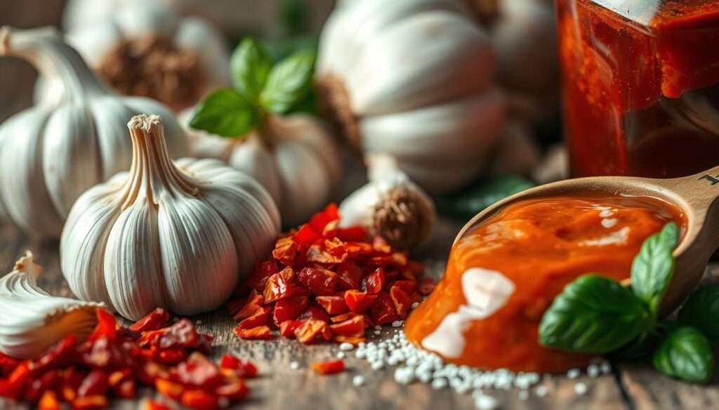 A well-lit, close-up still life capturing an assortment of flavorful ingredients: plump, juicy garlic cloves; vibrant red pepper flakes; and a rich, glossy sauce, all artfully arranged on a rustic wooden surface. The lighting casts a warm, inviting glow, highlighting the textures and colors of the components. The composition is balanced and visually appealing, with the ingredients taking center stage and conveying a sense of culinary potential and depth of flavor. This image perfectly encapsulates the idea of "Flavor Builders" - the essential spices, sauces, and aromatics that elevate home-cooked meals.