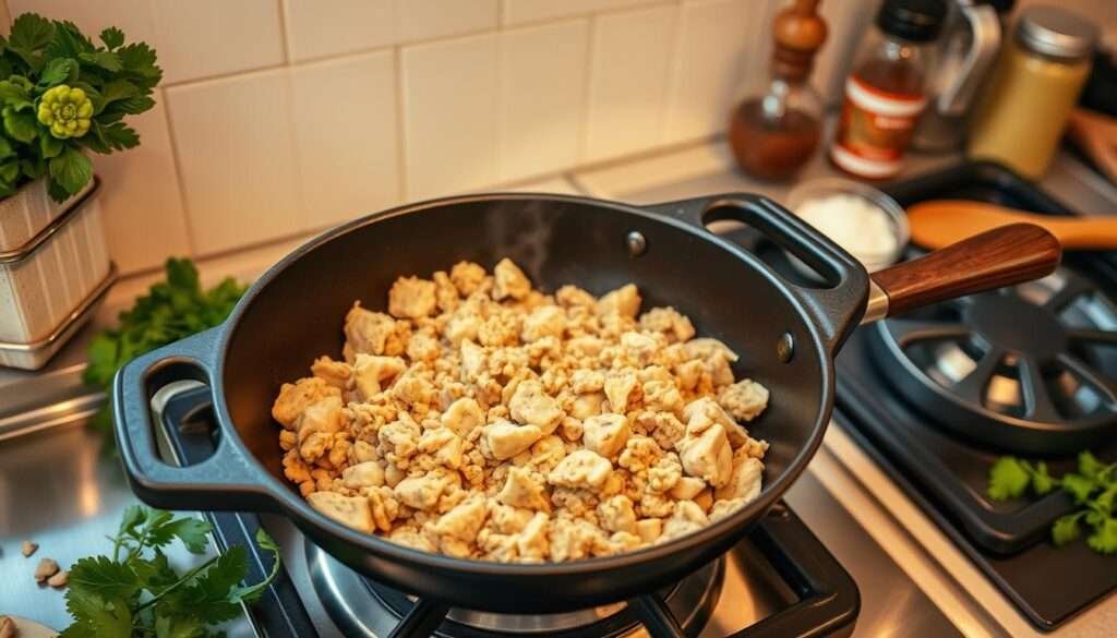 A well-lit kitchen counter with a large cast-iron skillet sizzling on the stovetop. Inside, fresh ground chicken is being cooked, browned and crumbled, releasing savory aromas. The skillet is surrounded by a selection of fresh herbs, spices, and cooking tools, creating a visually appealing and informative scene. Warm, natural lighting from overhead casts a comforting glow, highlighting the textures and colors of the ingredients. The angle is slightly elevated, allowing the viewer to see the cooking process in detail, as if observing a step-by-step culinary demonstration.