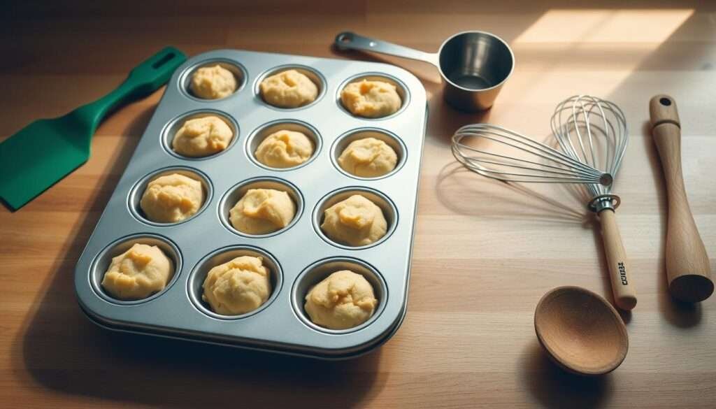 A well-lit kitchen countertop showcases a gleaming muffin pan, its dozen circular wells ready to bake fluffy, golden-brown muffins. Surrounding the pan are essential baking tools: a silicone spatula, a set of metal measuring spoons, a whisk with tightly coiled wires, and a sturdy wooden spoon. The countertop is made of a warm, natural-toned wood, creating a inviting, homey atmosphere. Soft shadows and highlights from the overhead lighting add depth and dimension to the scene, emphasizing the textures and shapes of the baking implements. This image captures the cozy, comforting essence of essential kitchen tools for a home-cooked meal.