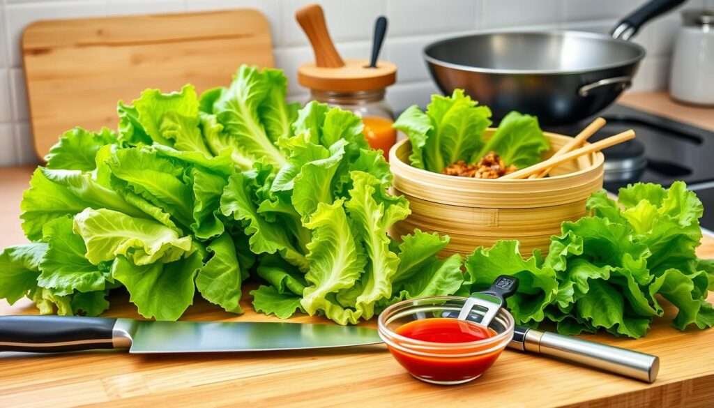 A well-lit kitchen countertop showcases an assortment of essential tools for crafting delicious lettuce wraps. In the foreground, a sharp chef's knife, a sturdy cutting board, and a bamboo steamer stand ready. Surrounded by vibrant, freshly washed lettuce leaves, a garlic press, a citrus juicer, and a small bowl of dipping sauce add layers of flavor and functionality. In the background, a high-quality wok and a set of chopsticks hint at the Asian-inspired cuisine to come, creating a harmonious and appetizing scene.
