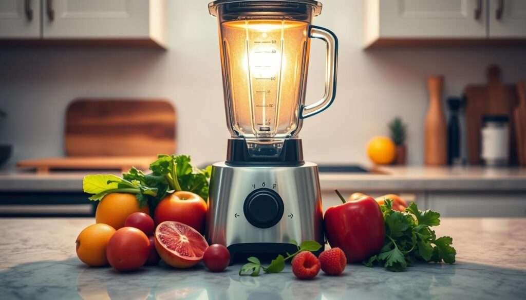 A well-lit kitchen countertop, with a high-powered blender standing at the center. Fresh fruits and leafy greens are arranged neatly around it, ready for blending. The blender's sleek, stainless steel design reflects the warm lighting, creating an inviting atmosphere. In the background, a few essential prep tools, such as a cutting board and a citrus juicer, are visible, hinting at the versatility of this smoothie-making setup. The overall scene conveys a sense of efficiency, health, and culinary mastery, perfectly suited for the article's "Kitchen Setup" section.