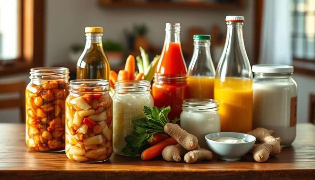A well-lit still life showcasing a collection of fermented foods on a wooden table. In the foreground, an assortment of jars and bottles containing various fermented products such as sauerkraut, kimchi, kombucha, and probiotic-rich yogurt. The middle ground features a selection of fresh produce like cabbage, carrots, and ginger, hinting at the natural ingredients used in the fermentation process. The background is softly blurred, creating a sense of depth and focus on the fermented items. Warm, natural lighting from the side casts soft shadows, enhancing the textures and colors of the fermented foods to highlight their vibrant, healthy appearance.