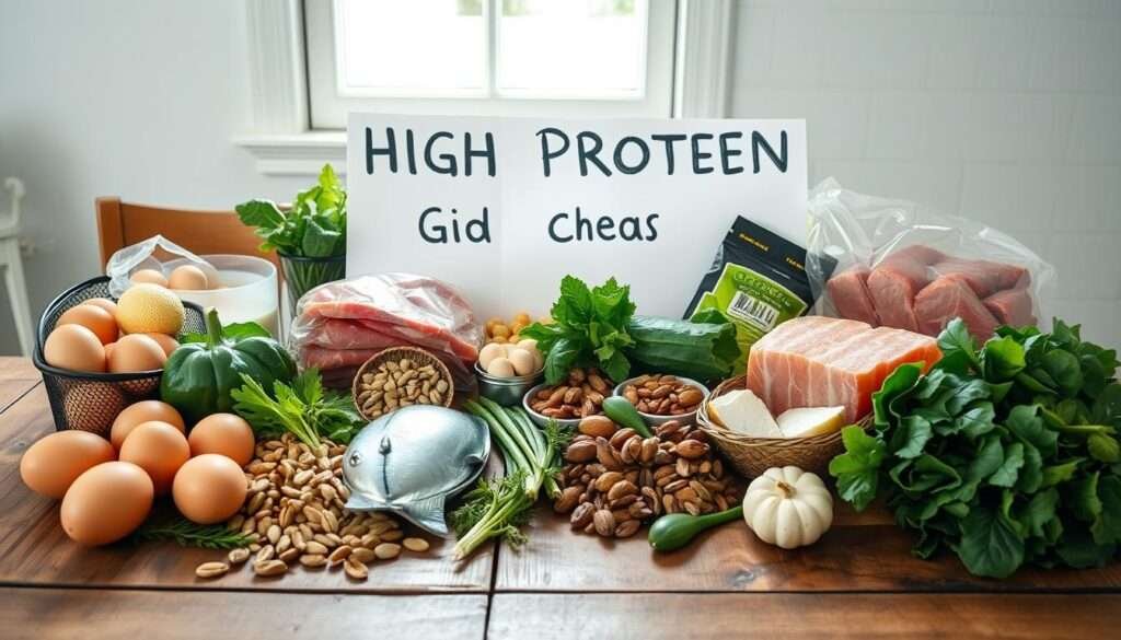A well-organized high-protein grocery list displayed on a rustic wooden table, illuminated by natural daylight filtering through a window. Various fresh ingredients such as eggs, lean meats, fish, nuts, seeds, and leafy greens are artfully arranged, conveying a sense of wholesome, health-conscious meal planning. The composition features a clean, uncluttered layout with pops of color from the vibrant produce, creating a visually appealing and appetizing scene that perfectly aligns with the article's focus on easy, high-protein meal prep.