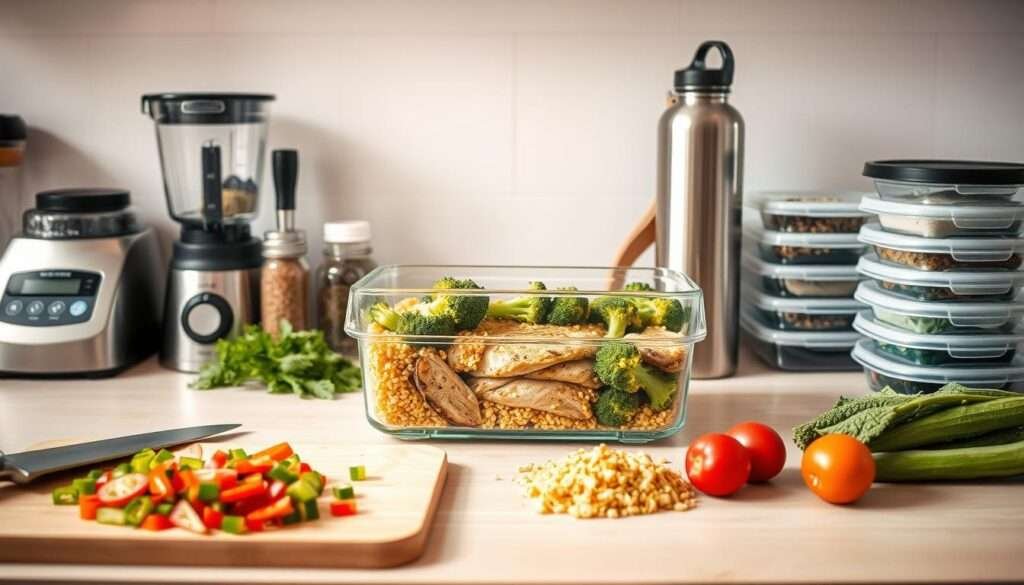 A well-organized kitchen counter showcasing an array of high-protein meal prep essentials. In the foreground, a cutting board with freshly chopped vegetables, accompanied by a blender, a food scale, and a selection of spices and seasonings. In the middle ground, a glass meal prep container filled with grilled chicken, quinoa, and roasted broccoli, complemented by a stainless steel water bottle and a stack of reusable containers. The background features a minimalist backsplash, highlighting the efficient workflow and the dedication to a healthy, high-protein lifestyle. Soft, natural lighting illuminates the scene, creating a warm and inviting atmosphere for effortless high-protein dinner preparation.
