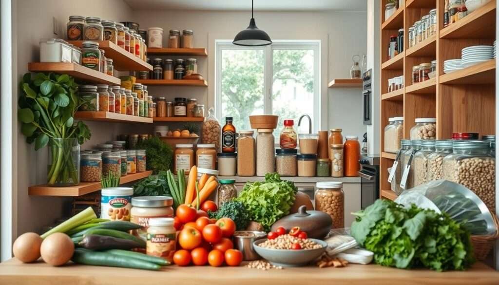 A well-organized modern pantry with various high-protein ingredients arranged neatly on wooden shelves. In the foreground, fresh vegetables, cans of beans, and jars of nut butters are displayed. In the middle ground, a variety of whole grains, spices, and seasonings are visible. The background features a clean, minimalist kitchen setting with natural lighting filtering in through large windows. The overall atmosphere conveys a sense of efficiency, organization, and an abundance of wholesome, high-protein options for crafting delicious, nutritious meals.