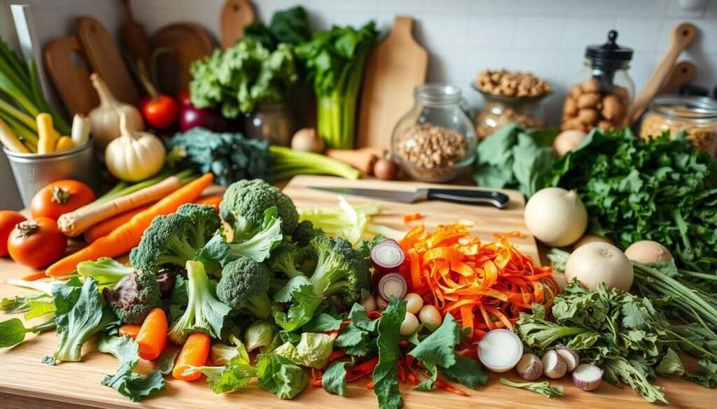 A well-stocked kitchen counter brimming with a diverse array of fresh ingredients. In the foreground, an assortment of vegetable scraps and trimmings - carrot tops, broccoli stems, onion peels - arranged artfully. In the middle ground, a cutting board with a chef's knife, showcasing the potential to transform every part into a delicious, zero-waste meal. The background features a variety of whole, unprocessed foods - leafy greens, root vegetables, grains - illuminated by soft, natural lighting that highlights their vibrant colors and textures. The overall mood is one of mindful abundance, inspiring the viewer to embrace a sustainable, waste-conscious approach to cooking.