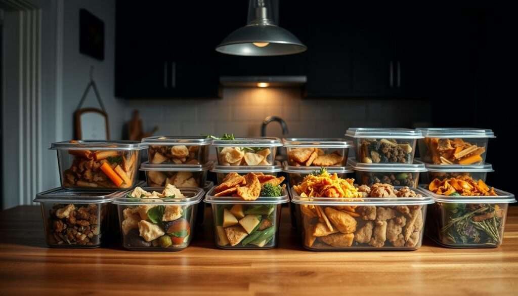 A well-stocked kitchen counter, dimly lit by a single pendant lamp, features an assortment of reusable containers, each holding the remnants of previous meals. The containers are positioned atop a subtly textured wood surface, their lids slightly ajar, revealing the diverse flavors and textures of the leftover dishes. The overall scene conveys a sense of thoughtful organization, a celebration of the resourceful use of every ingredient. The image should exude a warm, inviting atmosphere, encouraging the viewer to consider the potential of these repurposed leftovers.