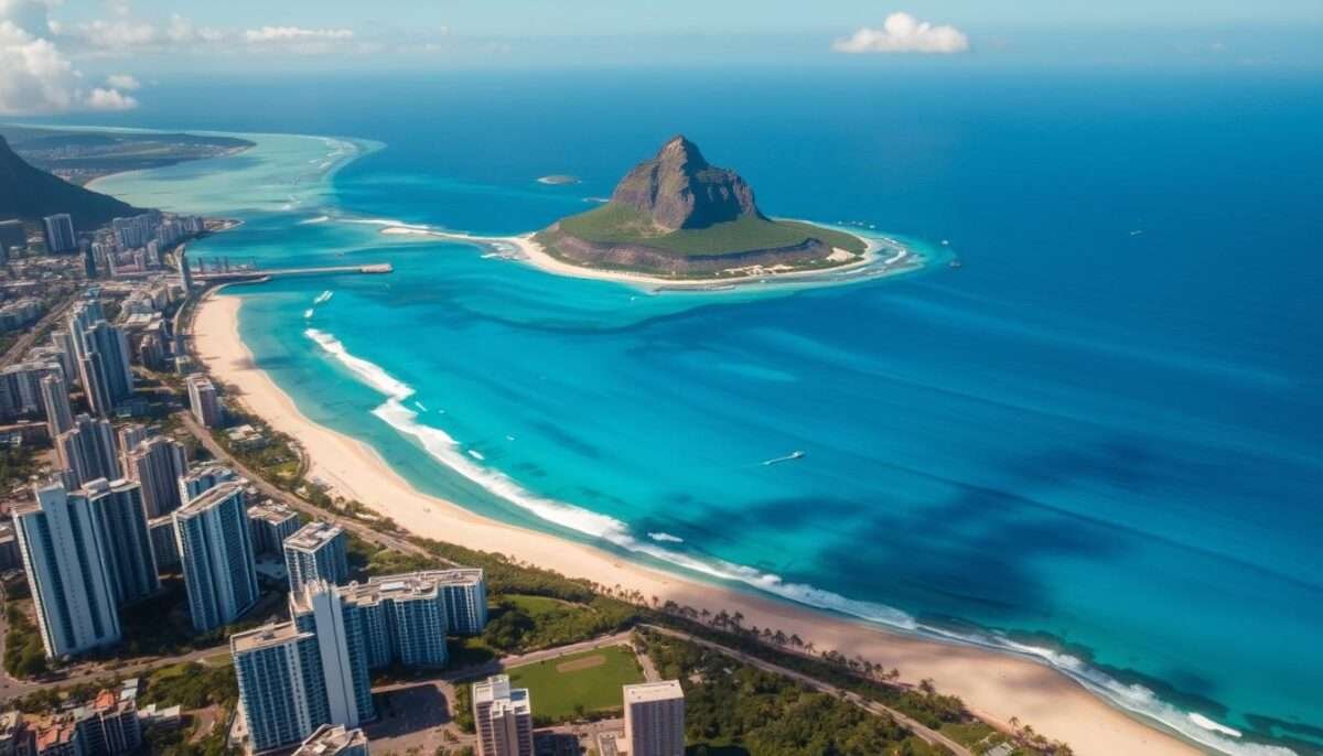 Aerial view of Honolulu and Waikiki Beach on Oahu, one of the Hawaiian islands most favored for travel blogs 2025