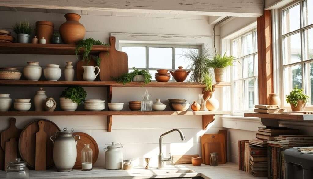 An airy and sun-drenched farmhouse kitchen with open shelving displaying rustic pottery, weathered wooden boards, and clusters of fragrant herbs. Soft natural light filters in through large windows, casting a warm glow over the weathered wood and textured ceramics. The shelves are arranged in an effortless, lived-in manner, creating a cozy and inviting atmosphere. Vintage glass jars, tarnished silverware, and a collection of aged cookbooks accent the shelves, adding character and depth to the scene. The overall impression is one of a well-loved and well-used kitchen, a space that reflects the owner's appreciation for simple, honest design.