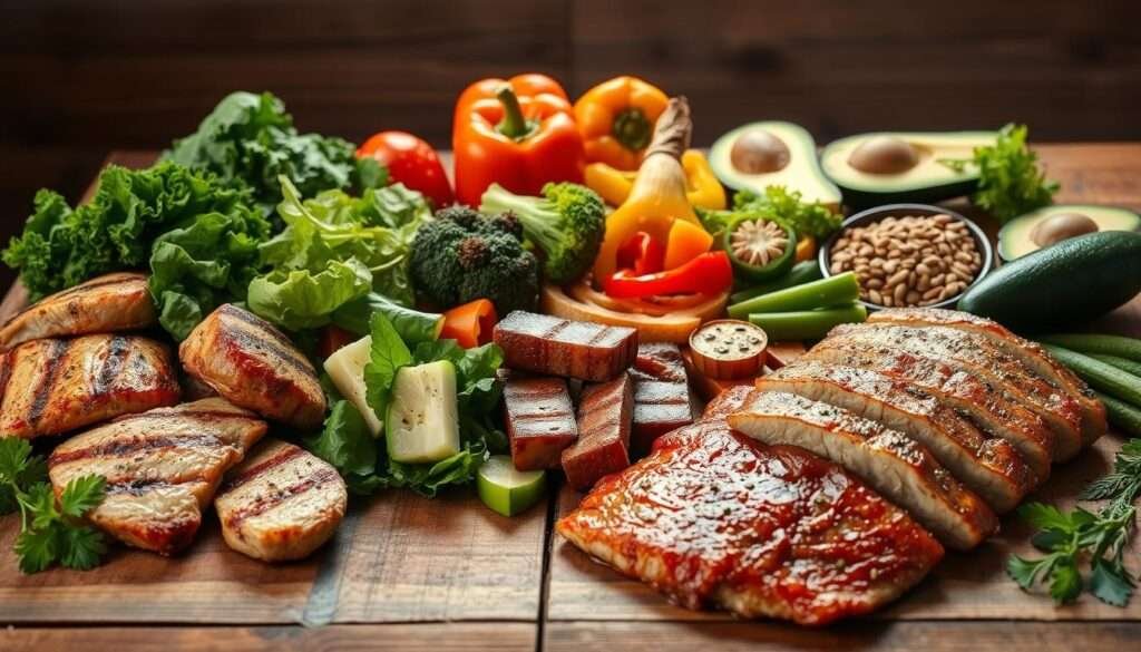 An assortment of nutrient-dense, low-carb, high-protein foods on a rustic wooden table, bathed in warm, natural lighting. In the foreground, a variety of grilled or roasted meats including chicken, beef, and fish fillets. In the middle ground, an array of fresh vegetables such as leafy greens, broccoli, bell peppers, and zucchini. In the background, a selection of healthy fats like avocado, nuts, and seeds. The composition is balanced, visually appealing, and evocative of a wholesome, high-protein meal plan for fat loss.