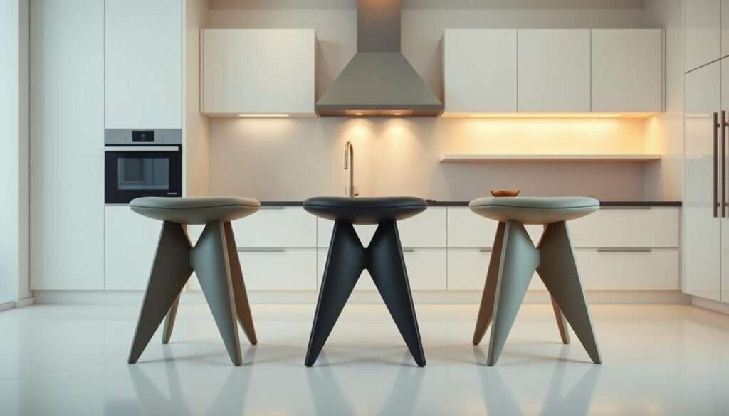 An elegant and minimalist kitchen setting with three statement stools in a central position. The stools feature sleek, angular designs in a mix of muted colors - sage green, charcoal grey, and soft beige. Indirect lighting casts a warm, inviting glow, accentuating the clean lines and natural materiality of the stools. The kitchen backdrop is sparse, with white walls and a simple, unadorned worktop, allowing the stools to take center stage as functional art pieces. The camera angle is slightly elevated, providing a balanced, symmetrical composition that highlights the stools' sculptural qualities. The overall mood is one of refined sophistication and understated luxury.