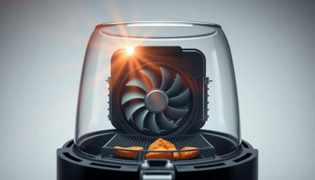 An image of a transparent glass container with a cutaway view, revealing the inner workings of an air fryer. Rays of soft, warm light illuminate the mechanics within - a powerful fan, precisely calibrated heating elements, and a network of airflow channels. The scene conveys the intricate science behind air frying, with a sense of technical elegance and the promise of perfectly crisp, healthy snacks. The composition is balanced, with a focus on the air fryer's core components, set against a neutral background that allows the engineering to take center stage.