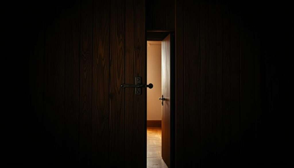 An inconspicuous wooden panel in a dimly lit room, its surface aged and textured, seamlessly blending into the surrounding wall. As the viewer approaches, they discover a hidden latch, which, when activated, slowly reveals a secret passage beyond - a passageway to an unexplored realm, its entrance concealed in plain sight. Soft, ambient lighting filters in from the newly unveiled doorway, casting a warm glow and inviting the viewer to discover what lies within. The scene evokes a sense of mystery and intrigue, hinting at the hidden delights and unexpected spaces that can be found within the home.