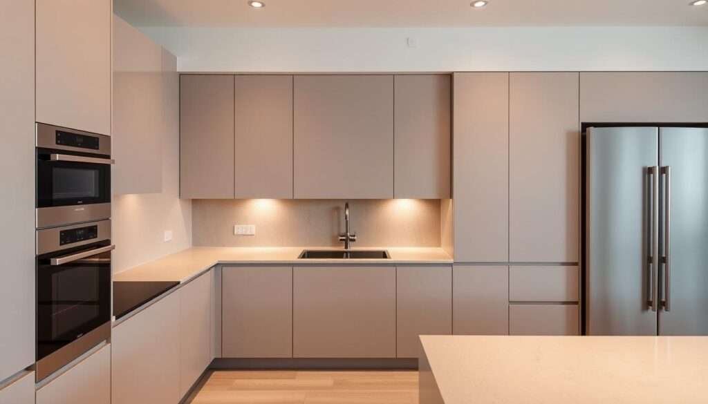 An integrated kitchen with seamless, built-in appliances blending harmoniously into the cabinetry. A sleek, modern design featuring clean lines, subtle textures, and a minimalist aesthetic. Warm, indirect lighting accentuates the smooth surfaces and muted color palette, creating a sense of understated elegance. The appliances, such as a flush-mounted induction cooktop, oven, and refrigerator, are artfully integrated into the surrounding cabinets, with barely visible seams and handles. The overall effect is one of a cohesive, streamlined kitchen that prioritizes functionality and visual coherence.