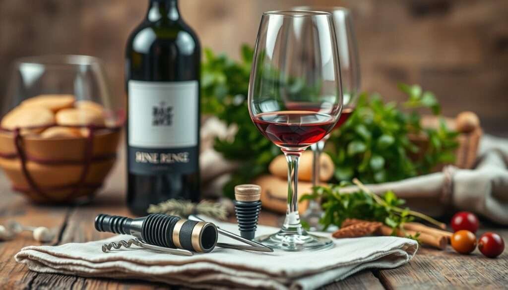 An intimate still life capturing the essentials of effortless wine and food pairing. In the foreground, a corkscrew, wine stopper, and a pair of wine glasses sit atop a linen napkin. Behind them, a bottle of red wine and a selection of fresh herbs and spices create a natural, rustic backdrop. Soft, warm lighting casts a cozy glow, evoking a sense of comfort and culinary exploration. The composition is balanced, inviting the viewer to imagine the perfect pairing waiting to be discovered. An image that celebrates the simple pleasures of elevating a homemade meal through thoughtful wine selection.