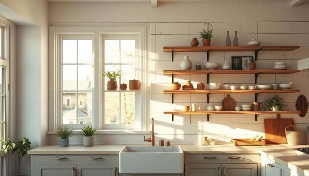 An open shelving wall in a modern bohemian farmhouse kitchen, bathed in warm, natural light filtering through large windows. The shelves display an eclectic mix of earthenware, plants, and personal trinkets, showcasing the homeowner's unique style and personality. Rough-hewn wood planks, whitewashed to a soft, weathered finish, create a rustic backdrop for the displayed items. Subtle shadows cast by the shelves add depth and dimension to the scene, while a minimalist, neutral color palette of whites, creams, and natural tones creates a serene, calming atmosphere. The overall impression is one of effortless, lived-in elegance - a kitchen space that is both functional and reflective of the homeowner's individual taste and sensibilities.