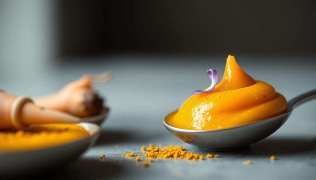 Carrot turmeric spoon course: A close-up view of a creamy, vibrant orange spoon-shaped amuse-bouche, garnished with a single delicate edible flower and a dusting of ground turmeric. Soft, diffused lighting illuminates the silky texture of the plant-based purée, creating an inviting, luxurious mood. The spoon is set against a minimalist, muted background, drawing the eye to the vibrant color and elegant presentation. The composition emphasizes simplicity and purity of ingredients, reflecting the "Creamy Sips Without Cream" theme.