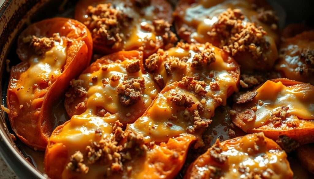 Chipotle gouda scalloped sweet potatoes, golden and bubbling, nestled in a rustic baking dish. Thick slices of orange-hued tubers layered with a creamy, smoky cheese sauce, sprinkled with breadcrumbs. Dramatic side lighting casts warm shadows, highlighting the crisp edges and melted pockets of cheese. The rich, comforting aroma fills the air, inviting the viewer to imagine the satisfying texture and flavor. A modern twist on a classic side dish, this scene evokes feelings of cozy, nostalgic home cooking with an elevated, gourmet flair.