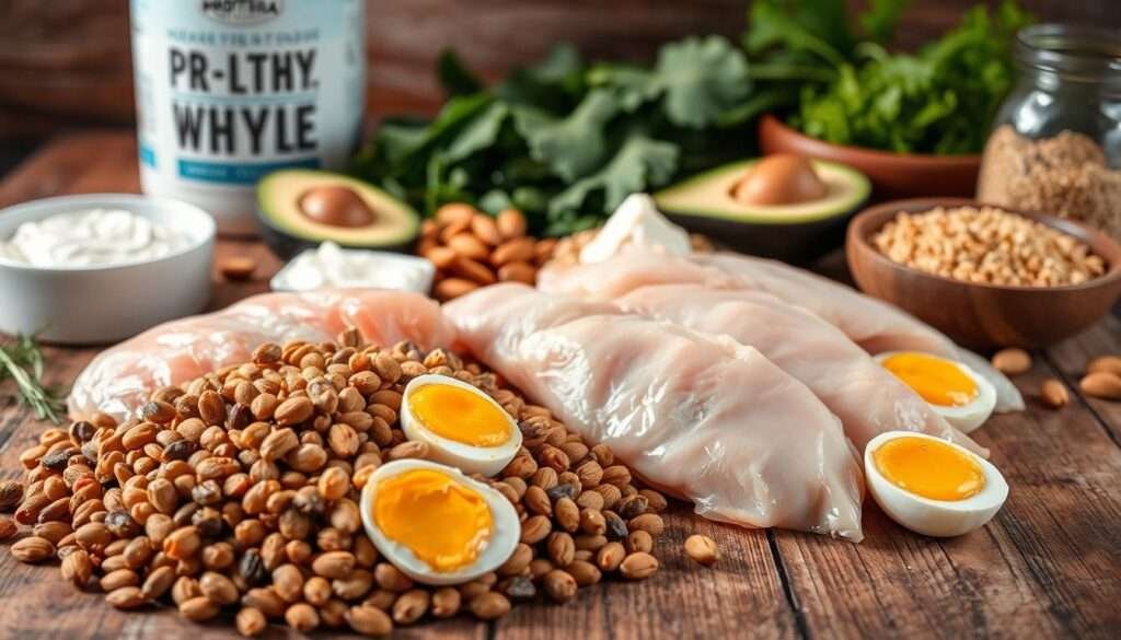 Closeup of an assortment of protein-rich ingredients arranged on a rustic wooden table, bathed in soft, natural lighting. In the foreground, a pile of raw chicken breasts, lentils, and eggs with golden yolks. In the middle ground, a scattering of almonds, Greek yogurt, and a half-sliced avocado. The background features leafy greens, quinoa, and a jar of whey protein powder. The scene exudes a clean, wholesome atmosphere, showcasing the building blocks of a balanced, high-protein meal.