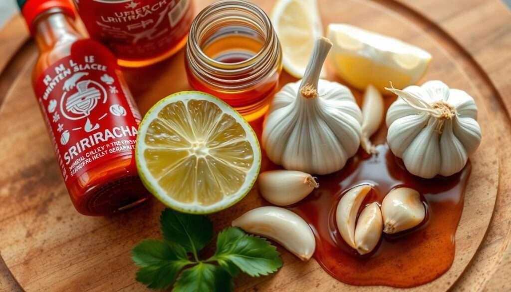 Closeup shot of a wooden cutting board with freshly prepared ingredients for honey sriracha sauce - vibrant red sriracha hot sauce, amber honey, creamy sesame oil, zesty lime wedges, and aromatic garlic cloves. Soft, natural lighting illuminates the arrangement, highlighting the rich colors and textures of the ingredients. The overall composition emphasizes the simplicity and essential elements needed to create this savory-sweet condiment. The scene conveys a sense of culinary preparation and the promise of a flavorful, versatile sauce.