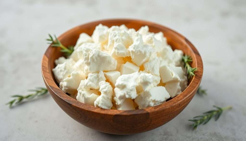 Delicate, creamy cottage cheese arranged in a rustic wooden bowl, illuminated by soft, natural lighting. Textural details of the curds and tangy aroma evoke a sense of homemade comfort. The bowl is set against a neutral background, allowing the dairy's velvety white hue to take center stage. Hints of greenery or herbs may gently accent the composition, adding a touch of freshness. The overall mood is one of wholesome nourishment, perfect for a high-protein, creamy dinner dish.