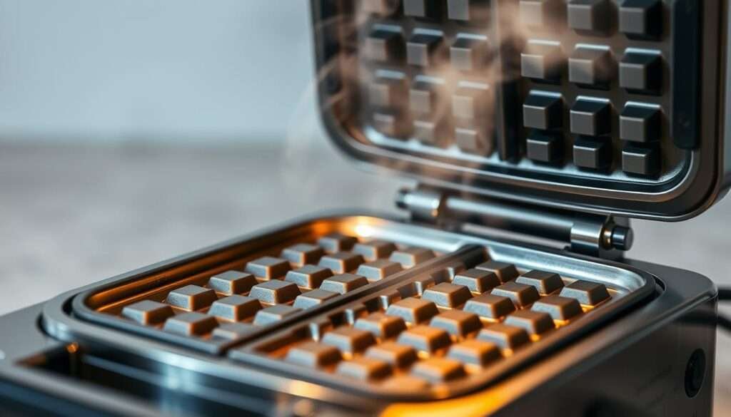 Detailed close-up of a modern stainless steel waffle iron, with a warm, inviting lighting and a soft, shallow depth of field. The waffle iron is slightly open, revealing the intricate grooved plate surface. Steam gently rises from the heated cooking surface, creating a cozy, homey atmosphere. The brushed metal and chrome finish of the appliance are highlighted, conveying a sense of high-quality craftsmanship. The scene is set against a muted, neutral background, keeping the focus on the waffle iron and its troubleshooting features.