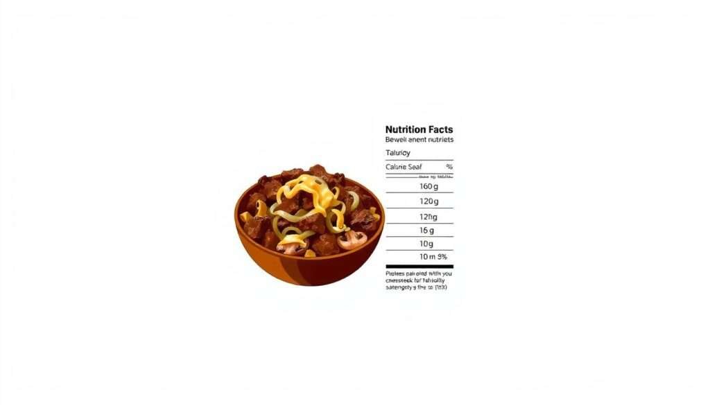 Detailed nutrition facts presented on a clean, minimalist white backdrop. In the center, a stylized illustration of a Philly cheesesteak bowl, featuring a hearty mix of ground beef, sautéed onions, and fresh mushrooms, topped with melted cheese. The nutrition information is clearly displayed in a legible, easy-to-read format, highlighting the key macronutrients, calories, and other relevant data. The overall composition is well-balanced, with a warm, inviting lighting that accentuates the appetizing nature of the dish. The image conveys a sense of health-consciousness and culinary expertise, perfectly suited to illustrate the "Nutrition Highlights" section of the article.