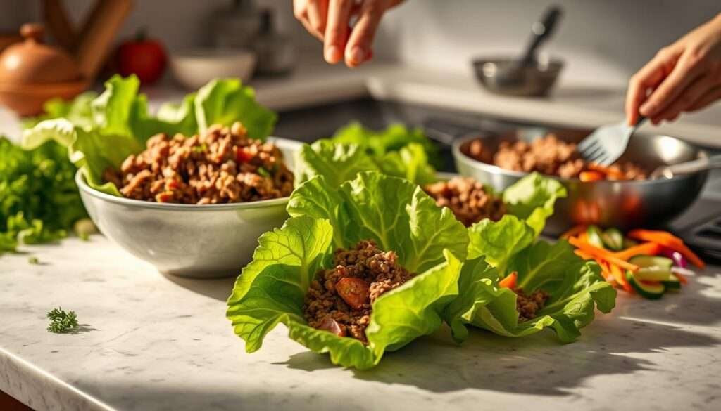 Detailed step-by-step cooking process of creating delicious Asian-style ground beef lettuce wraps. A clean, well-lit kitchen countertop with fresh green lettuce leaves, a bowl of ground beef mixture, chopped vegetables, and cooking utensils like a spatula and fork. Soft, even lighting illuminates the preparation, casting warm shadows. The composition is organized with the ingredients in the foreground, the cooking process in the middle, and a blurred background suggesting a modern, minimalist kitchen setting. The overall mood is one of simple, wholesome cooking with a focus on the fresh ingredients and the hands-on culinary experience.