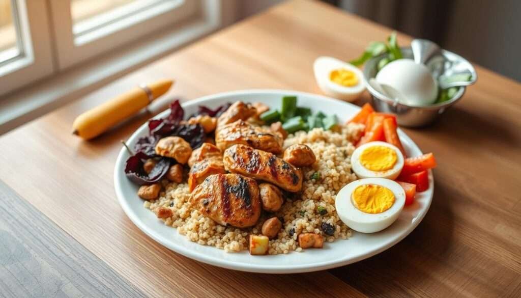 Elegant meal prep arrangement on a wooden table. A plate with various high-protein foods, such as grilled chicken, quinoa, roasted vegetables, and a hard-boiled egg. Vibrant colors and clean presentation, capturing the essence of a healthy, balanced lunch. Soft, natural lighting from a window casts a warm glow, creating a inviting atmosphere. The composition is thoughtfully arranged, with the plate placed in the center and complementary ingredients surrounding it. An inspirational scene for busy individuals seeking to meal prep nutritious, high-protein lunches for the workweek.
