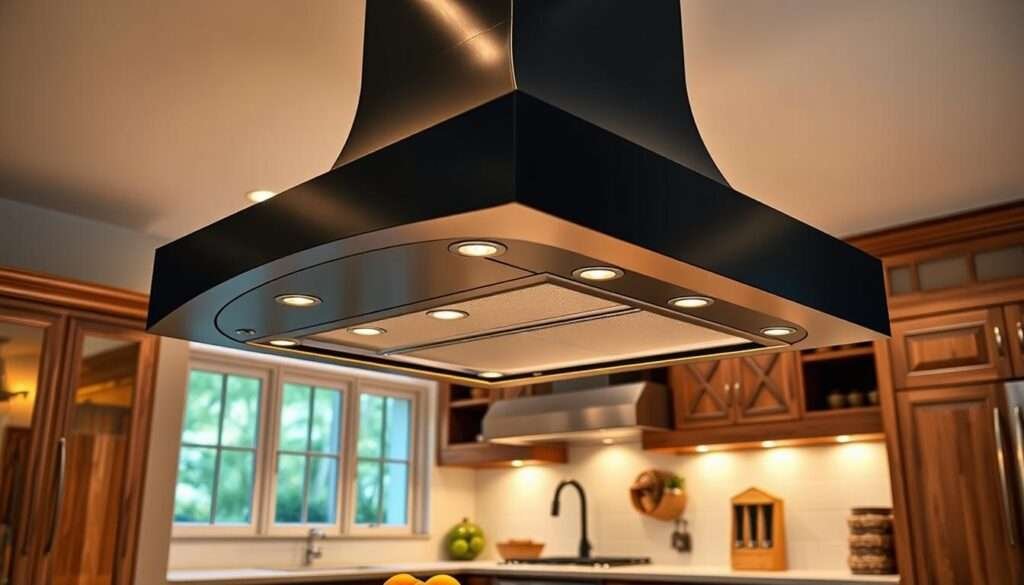 Elegant statement range hood design featuring a striking curved silhouette in matte black finish, suspended above a rustic farmhouse-style kitchen island. Dramatic lighting highlights the sculptural form, creating an eye-catching focal point. Warm ambient lighting casts a cozy glow, complementing the wood tones and neutral palette of the surrounding cabinetry and tiles. Captured at a low angle to emphasize the range hood's dominant presence, with a slightly wide-angle lens to accentuate the kitchen's spacious, open-plan layout.