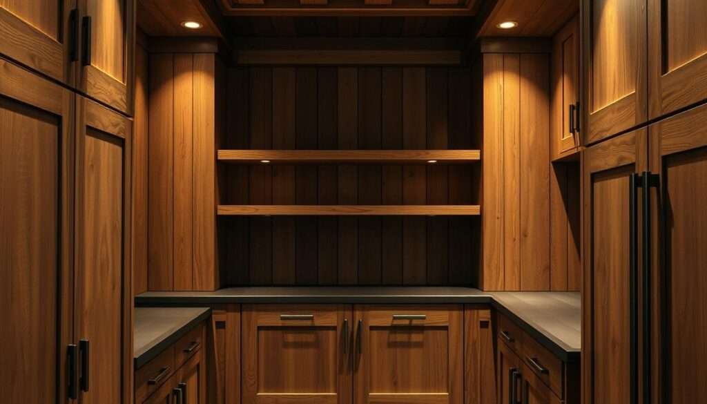 Exposed joinery kitchen cabinetry, a rustic and handcrafted aesthetic. A well-lit interior showcases the natural wood grain and intricate joinery details, with a focus on the cabinet faces and shelving. Warm, soft lighting casts gentle shadows, highlighting the textural quality of the materials. The overall composition emphasizes the craftsmanship and artisanal nature of the design, conveying a sense of warmth and authenticity. A minimalist color palette, with muted tones and clean lines, creates a modern and sophisticated ambiance, blending the old and the new seamlessly.
